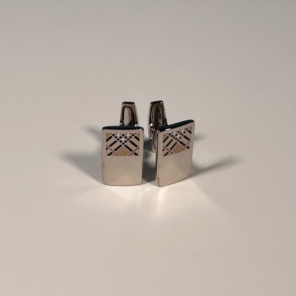 Burberry Silver and Black Plaid Cufflinks